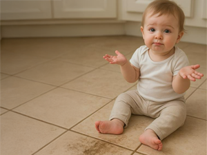 Baby sitting on the floor and raising her both hands