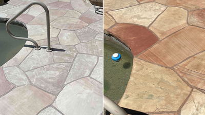 This media blasted flagstone BEFORE (left) and AFTER (right) demonstrates the outstanding results we achieved. Photo