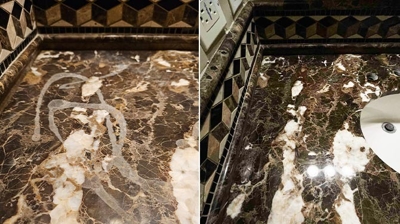 This BEFORE (left) and AFTER comparison shows the difference our marble restoration services make. Photo