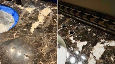 The area to the right of the sink had the worst damage. Here is another BEFORE (left) and AFTER comparison. Photo