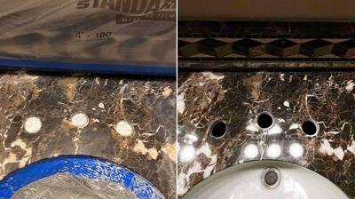 Here is a BEFORE (left) and AFTER of the area around the faucet. Photo