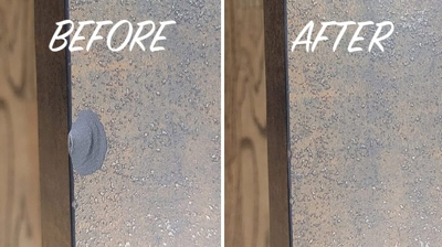 This BEFORE image shows the chipped Neolith countertop. Photo