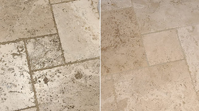 Here is a closer look at the travertine BEFORE (left) and AFTER (right) professional travertine cleaning. Photo