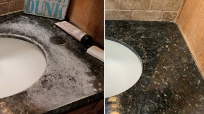 Factory Finish Restored to Damaged Granite Vanity