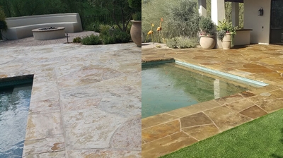 The before image is left and the after image is the right. What a dramatic difference our flagstone restoration services made. Photo