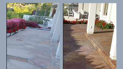 A quick side-by-side comparison demonstrates the high quality flagstone restoration work we do. Photo