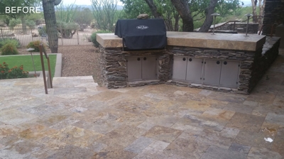 Exterior travertine, exposed to the elements, requires periodic cleaning and sealing in order to look its best. Photo