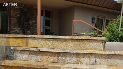 Here is a side view of the cleaned and sealed travertine stairs. Photo