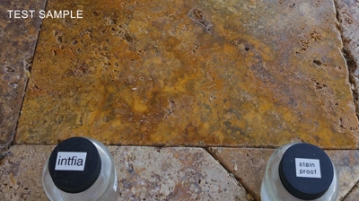 We cleaned and sealed a sample travertine tile before we started the job to show the homeowners what they could expect. Photo