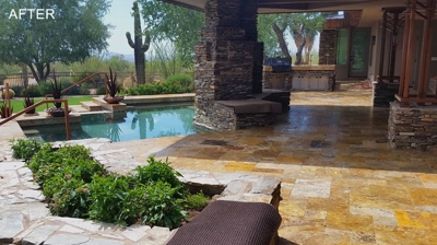 Now the homeowners can relax and enjoy their beautiful, clean travertine pool area. Photo