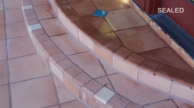 Here is another image showing the contrast between the sealed and not-yet-sealed Saltillo. Photo