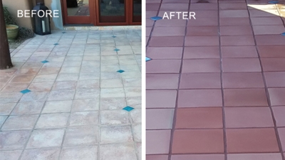 The before image next to the after image demonstrates how effective our Saltillo cleaning and sealing services are. Photo