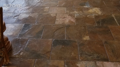 Notice the patchy appearance of the slate, where the improper topical sealer failed. Photo