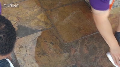 Technicians applying Dry Treat Intensifia, a deep color enhancer with oil and water repellent and superior stain protection. Photo