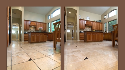 Side-by-side before and after images really demonstrate the dramatic difference our stone and tile restoration services make. Photo