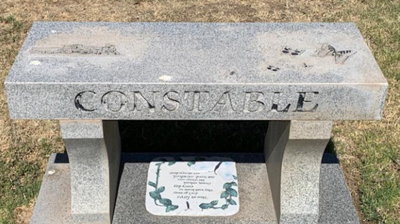 The engravings are obscured by calcium deposits. Photo