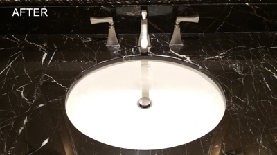 Our marble honing and polishing process virtually erased the damage. Photo
