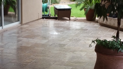 This is the travertine after the old sealer was removed but before it was polished. Photo