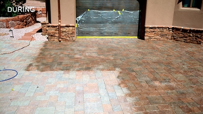 The right portion shows the concrete pavers with Paver Finisha and Intensifia. The left portion had not been sealed or enhanced. Photo