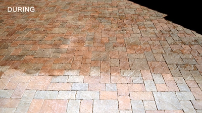 The top portion shows concrete pavers with Paver Finisha and Intensifia. The bottom portion has no sealing or enhancing. Photo