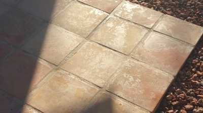 This BEFORE image shows the build-up of dirt and grime on the surface of the Saltillo tiles. Photo