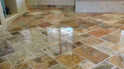 After travertine floor has been restored. Photo