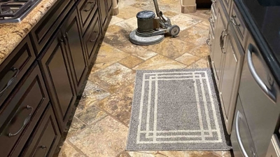 Before restoration of travertine floor. Photo