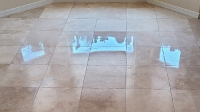 Here is the travertine AFTER our refinishing. What a difference! Photo