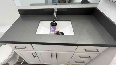 Here is the vanity AFTER restoration. Photo