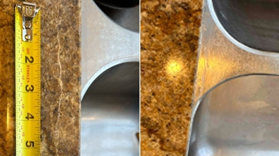 This image provides a comparison of the damage (left) and repair (right). Photo