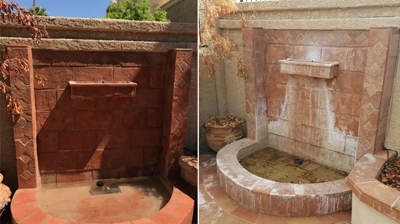 This side-by-side comparison of the fountain after restoration (left) and before (right) demonstrates the dramatic difference ou Photo
