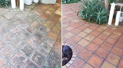 BEFORE (left) there were unsightly black spots and mold. AFTER (right) the Saltillo looked clean and beautiful. Photo