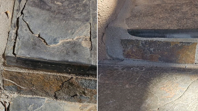 Here is a BEFORE (left) and AFTER (right) of flagstone replacement and grout repair on the steps. Photo