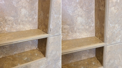 The caulk is missing in the BEFORE (left) image and replaced in the AFTER (right) image. Photo