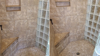 Here is a BEFORE (left) and AFTER (right) image of our shower restoration project. Photo