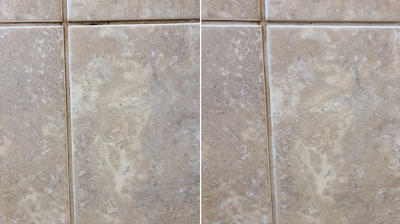 The grout lines are unsightly in the BEFORE (left) image but fresh and clean in the AFTER (right) image. Photo