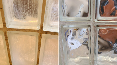 The stunning contrast in the glass blocks BEFORE (left) and AFTER (right) is very obvious here. Photo