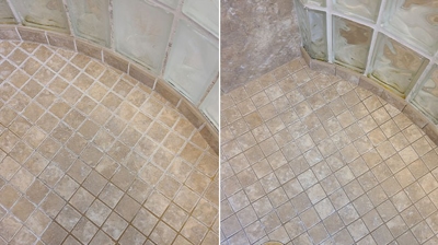 This BEFORE (left) and AFTER (right) image shows the difference in the appearance of the floor. Photo