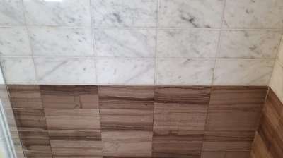 The white carrara marble in the top half of the shower and vein cut limestone in the bottom half of the shower look much better Photo