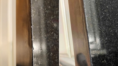 Here's another BEFORE (left) and AFTER (right) image of our granite countertop chip repair work. Photo