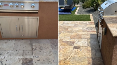 A before-and-after comparison of stone restoration in the grill area. Photo