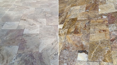 This image provides a closer look at the stone BEFORE (left) and AFTER (right). Photo