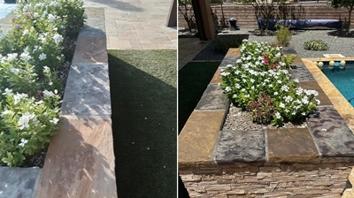 A BEFORE (left) and AFTER (right) comparison of stone restoration of the planter. Photo