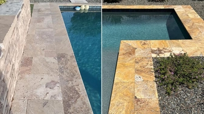 The stone surrounding the pool BEFORE (left) and AFTER (right). Photo