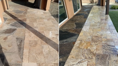 Compare the stone near the backyard entrance BEFORE (left) and AFTER (right). Photo