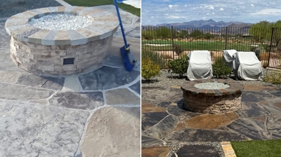 A BEFORE (left) and AFTER (right) comparison of the stone firepit. Photo