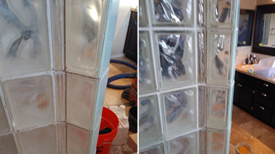 Our services also improved the cleanliness and appearance of the grout lines and glass blocks. (BEFORE/LEFT, AFTER/RIGHT) Photo