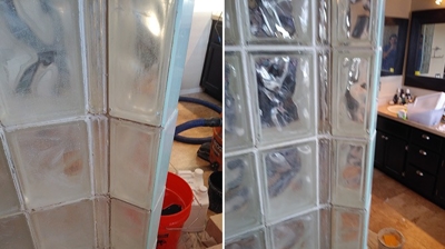 Our services also improved the cleanliness and appearance of the grout lines and glass blocks. (BEFORE/LEFT, AFTER/RIGHT) Photo