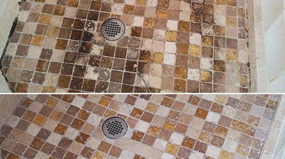 This is the travertine shower pan BEFORE (top) and AFTER (bottom) our restoration services. Photo