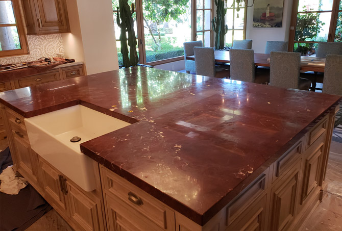 Stoneguard Protected Red Marble Island, Red Marble Kitchen Countertops